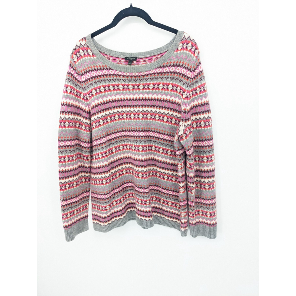 Talbots Sweater Womens Plus 14W Gray Pink‎ Lambswool Blend Fair Isle Grandpa - Picture 2 of 9